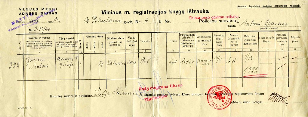 KKE 5888.jpg - (litewski) Dok. Wyciąg z księgi rejestracyjnej dla Antoniego Graszko syna Benedykta i Józefy Graszko, Wilno, 13 IV 1940 r.